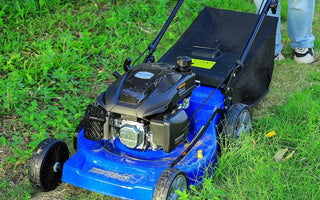 Gas lawn mower cutting slightly damp grass