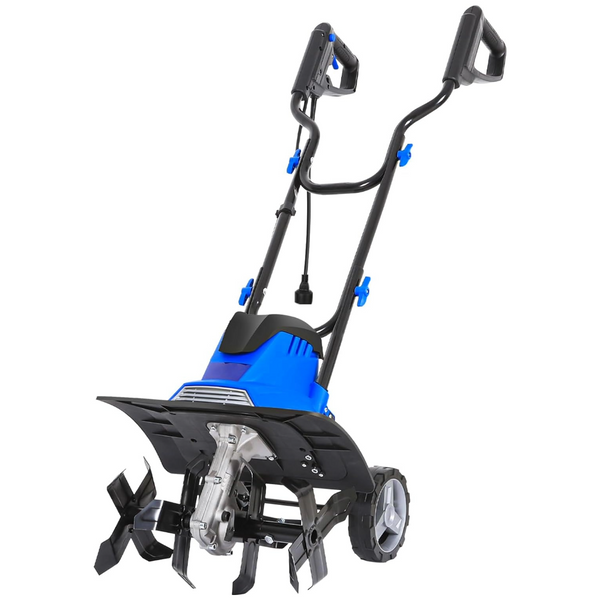 14-inch Tiller Cultivator with 10 Amp Motor, 4 Steel Tines, Foldable Design for Gardening. Electric Garden Rototiller with Adjustable Wheels.