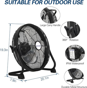 BILT HARD 16 Inch Rechargeable Battery Operated Outdoor Floor Fan, 15600mAh Battery Powered High Velocity Portable Fan with Metal Blade, Run All Day, USB Output