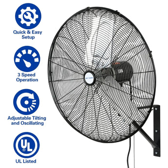 BILT HARD 24 in. 6500 CFM High Velocity Industrial Wall Fan, 3-Speed Wall Mount Oscillating Fan, Heavy Duty Shop Fan for Commercial, Garage, Warehouse, Workshops, Factory and Jobsites, UL Listed