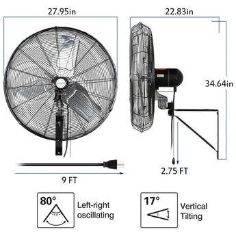 BILT HARD 24 in. 6500 CFM High Velocity Industrial Wall Fan, 3-Speed Wall Mount Oscillating Fan, Heavy Duty Shop Fan for Commercial, Garage, Warehouse, Workshops, Factory and Jobsites, UL Listed