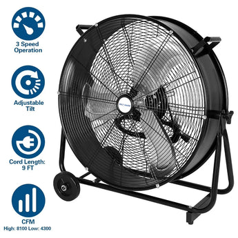 BILT HARD 24" 8100 CFM High Velocity Industrial Drum Fan, 3-Speed Heavy Duty Metal Shop Fan, UL Listed