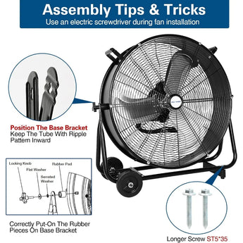 BILT HARD 24" 8100 CFM High Velocity Industrial Drum Fan, 3-Speed Heavy Duty Metal Shop Fan, UL Listed