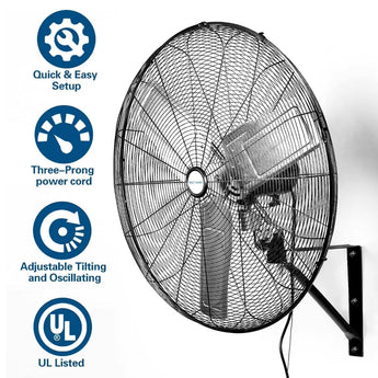 BILT HARD 30 in. 9500 CFM High Velocity Industrial Wall Fan, 3-Speed Wall Mount Oscillating Fan, Heavy Duty Shop Fan for Garage, Commercial, Warehouse, Factory, Workshops and Jobsites, UL Listed