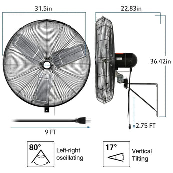 BILT HARD 30 in. 9500 CFM High Velocity Industrial Wall Fan, 3-Speed Wall Mount Oscillating Fan, Heavy Duty Shop Fan for Garage, Commercial, Warehouse, Factory, Workshops and Jobsites, UL Listed