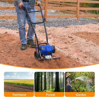 BILT HARD 46cc 4-Cycle 1.9HP Gas Tiller Cultivator – 16" Heavy-Duty Steel Tines, Adjustable Wheels & Cushioned Handles for Powerful Plowing, Tilling & Weeding in Gardens & Farms