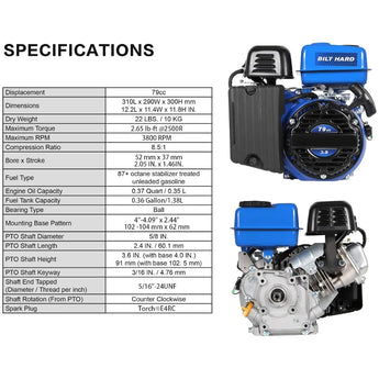 BILT HARD Gas Engine 79cc 2 HP, Gas Motor for Log Splitter, Pressure Washer and Water Pump, EPA & CARB Certified, 4 Stroke OHV Horizontal Shaft with Recoil Start