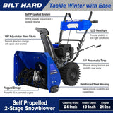 BILT HARD Snow Blower Gas Powered, 24 Inch 2-Stage Self-Propelled 212cc Engine with Electric Start, LED Headlight, 13" Snow Terrain Tires
