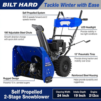 BILT HARD Snow Blower Gas Powered, 24 Inch 2-Stage Self-Propelled 212cc Engine with Electric Start, LED Headlight, 13" Snow Terrain Tires