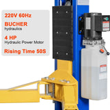12,000 lbs two-post automotive lift with 220V motor and single-point lock release