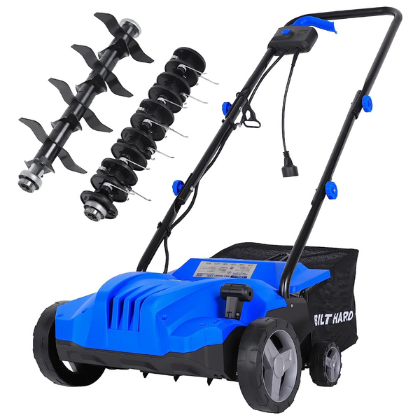 Electric-Powered Dethatcher Scarifier with 12 Amp Copper Motor, 13-inch Raking Width, 8-Gallon Thatch Bag. 2-in-1 Walk-Behind Thatch Removing Machine