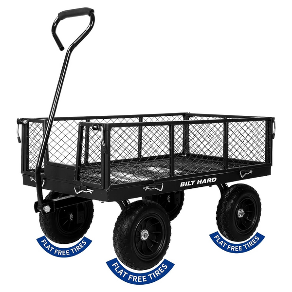 BILT HARD 880 lbs 10" Flat Free Tires Steel Garden Cart with 180° Rotating Handle and Removable Sides, Heavy Duty 4 Cu.Ft Capacity Utility Garden Carts and Wagons