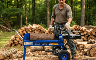Blue log splitter in a backyard firewood setup