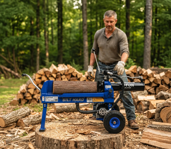 Blue log splitter in a backyard firewood setup