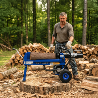 Blue log splitter in a backyard firewood setup