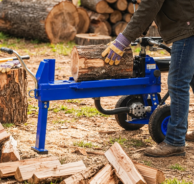 Electric log splitter preparing wood for better firewood heat output