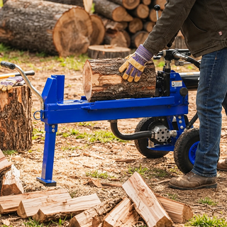 Electric log splitter preparing wood for better firewood heat output