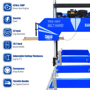 BILT HARD 32" Portable Sawmill with 15HP 420cc Ducar Gas Engine | 6.7ft Track Extension & 10 Blades Included