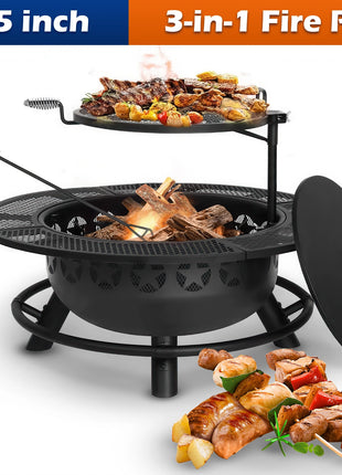 Hykolity 35 Inch Fire Pit with Cooking Grate & Charcoal Pan, Outdoor Wood Burning BBQ Grill Firepit Bowl with Cover Lid, Steel Round Table