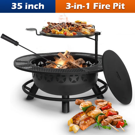 Hykolity 35 Inch Fire Pit with Cooking Grate & Charcoal Pan, Outdoor Wood Burning BBQ Grill Firepit Bowl with Cover Lid, Steel Round Table