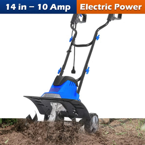 14-inch Tiller Cultivator with 10 Amp Motor, 4 Steel Tines, Foldable Design for Gardening. Electric Garden Rototiller with Adjustable Wheels. 