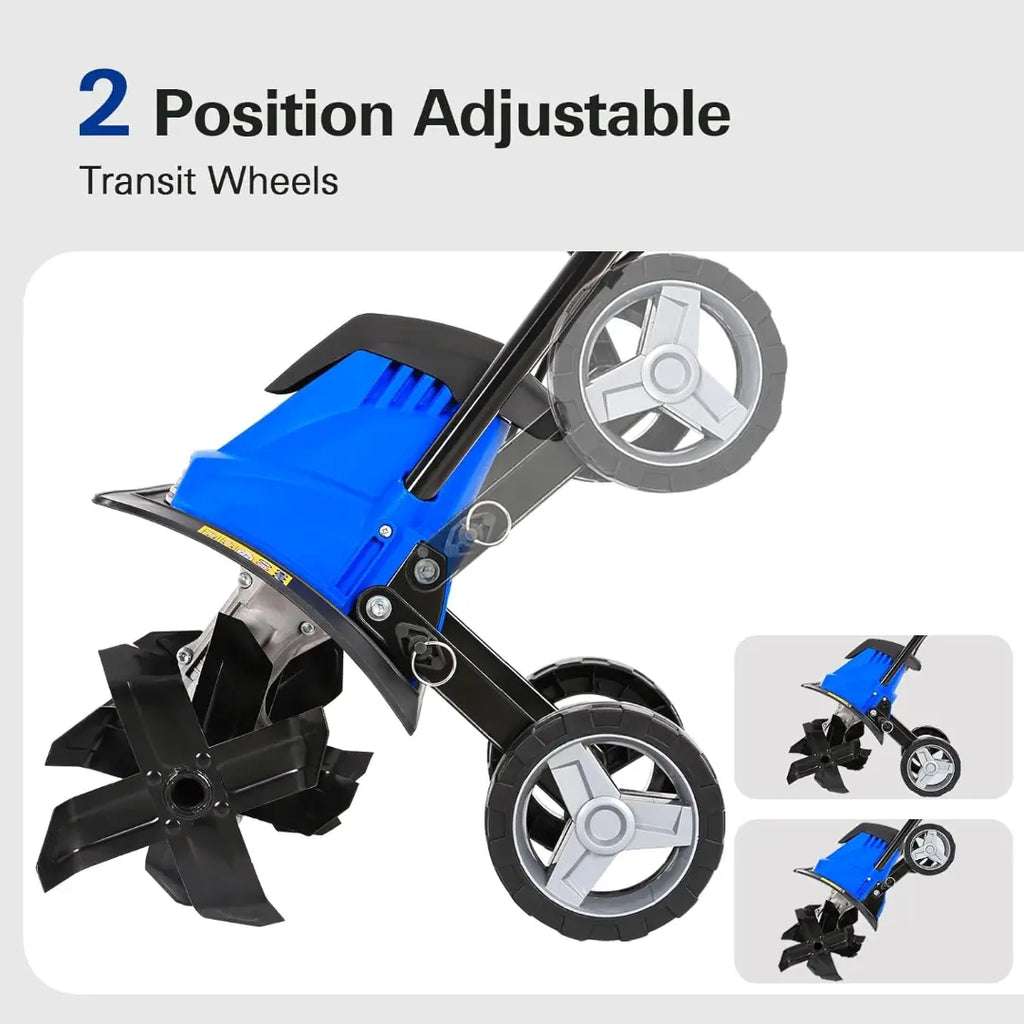 14-inch Tiller Cultivator with 10 Amp Motor, 4 Steel Tines, Foldable Design for Gardening. Electric Garden Rototiller with Adjustable Wheels. 