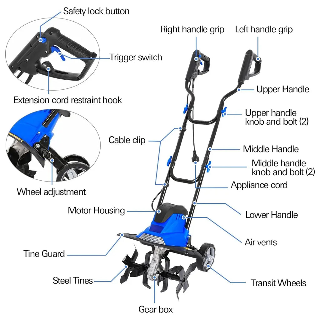 14-inch Tiller Cultivator with 10 Amp Motor, 4 Steel Tines, Foldable Design for Gardening. Electric Garden Rototiller with Adjustable Wheels. 