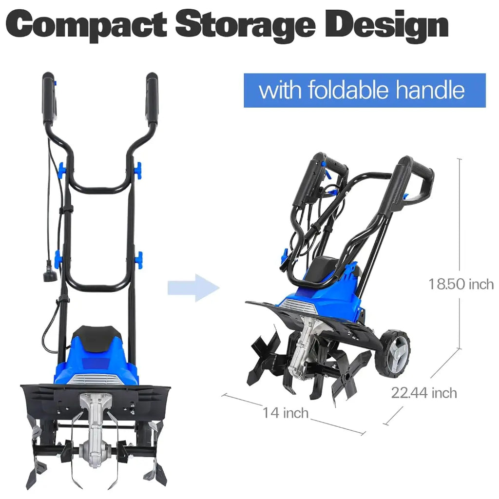 14-inch Tiller Cultivator with 10 Amp Motor, 4 Steel Tines, Foldable Design for Gardening. Electric Garden Rototiller with Adjustable Wheels. 