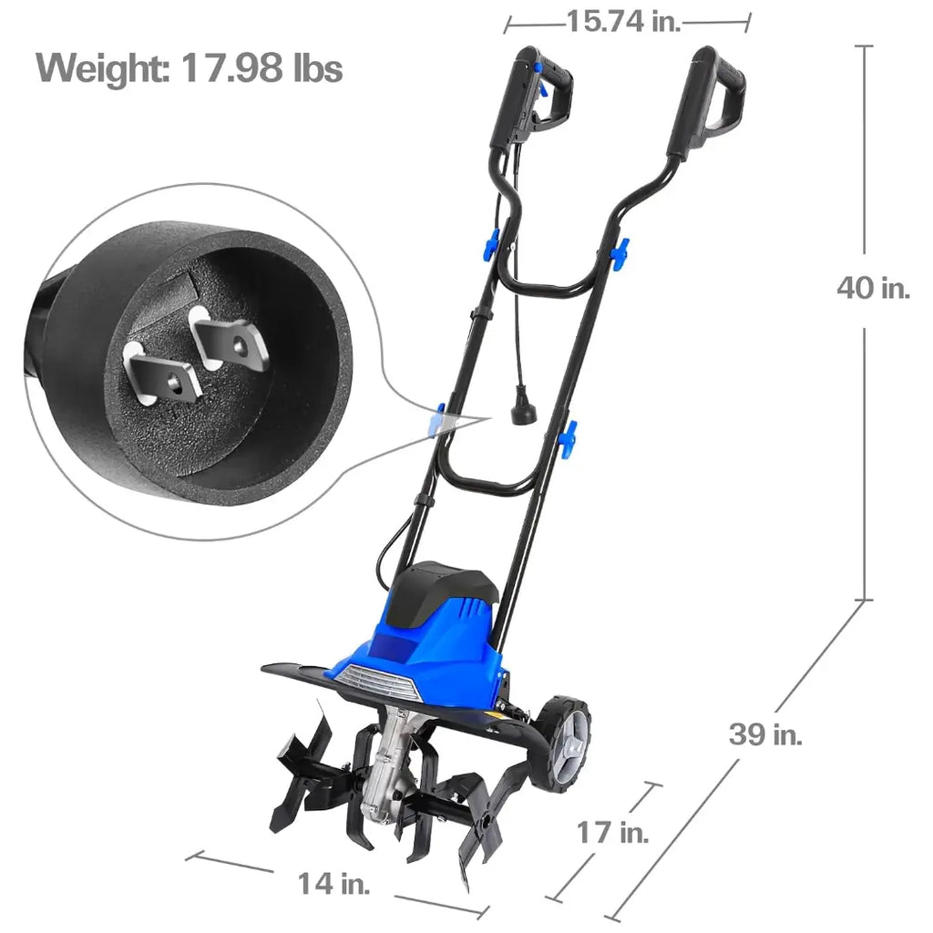 14-inch Tiller Cultivator with 10 Amp Motor, 4 Steel Tines, Foldable Design for Gardening. Electric Garden Rototiller with Adjustable Wheels. 