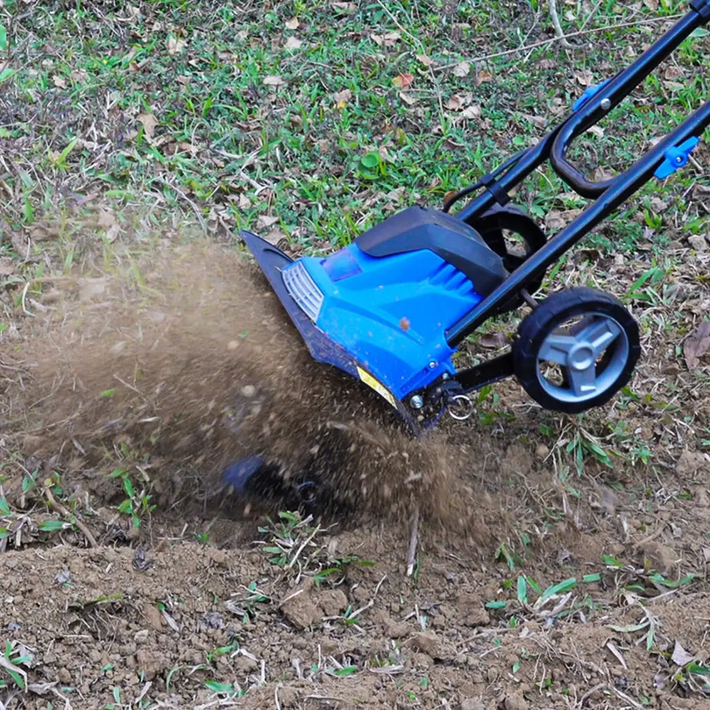 14-inch Tiller Cultivator with 10 Amp Motor, 4 Steel Tines, Foldable Design for Gardening. Electric Garden Rototiller with Adjustable Wheels. 