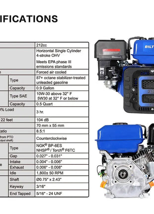 BILT HARD 7HP Gas Engine Horizontal Shaft, 212cc 4 Stroke OHV Industrial Grade Replacement Gas Motor, Shaft 3/4" (19mm) Diameter, 2-3/8" Long, 3/16" Keyway 