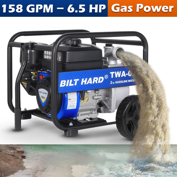 BILT HARD Semi Trash Pump 2 inch, 158 GPM 6.5HP Gas Powered Water Pump, 196cc 4-Cycle Engine with 50 ft Discharge Hose, 12 ft Suction Hose and Complete Fittings, EPA Certified