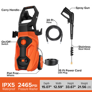 Electric Pressure Washer, 2465 PSI 1.76 GPM Power Washer, 5-Nozzle Set, Built-in Soap Tank, 20 Ft Hose, 35 Ft Power Cord, Stainless Steel Wand, for Cars, Driveway, Home, Patios (Orange)