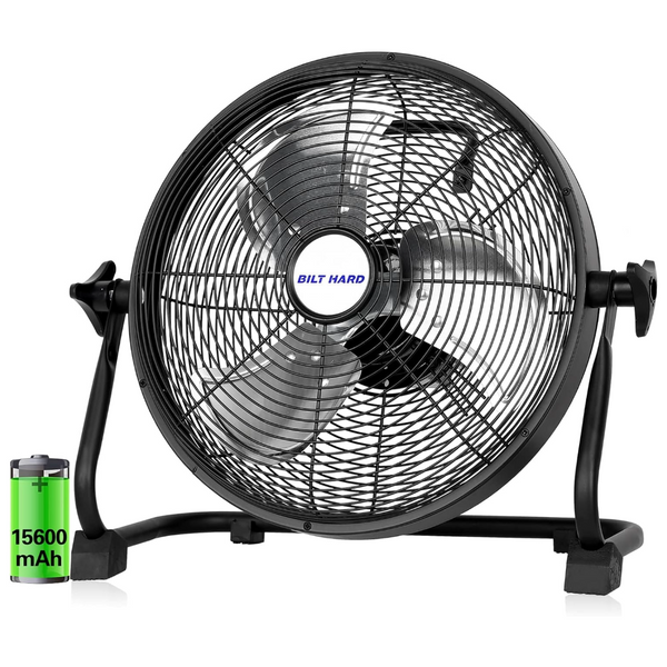 BILT HARD 16 Inch Rechargeable Battery Operated Outdoor Floor Fan, 15600mAh Battery Powered High Velocity Portable Fan with Metal Blade, Run All Day, USB Output