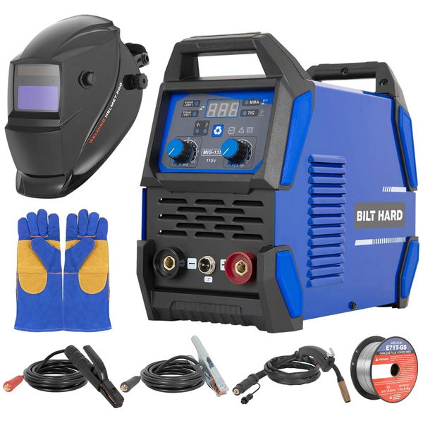 BILT HARD 110V MIG Welder, 135A Flux Core MIG/Lift TIG/Stick 3-in-1 Welding Machine with Auto Darkening Welding Helmet, Gloves, Welding Gun and 2lb Welding Wire, IGBT Inverter Welding Equipment Set - bilthard