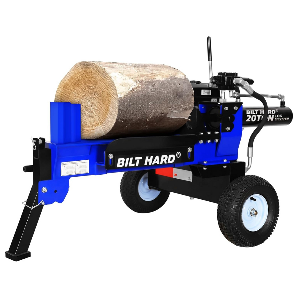 BILT HARD 20-Ton Gas Log Splitter, Hydraulic Wood Splitter with 7 HP 209cc OHV Engine, Towable Hitch, 13" Pneumatic Tires, 2 Stage Gear Pump, Steel Wedge, Firewood Splitting Machine - bilthard