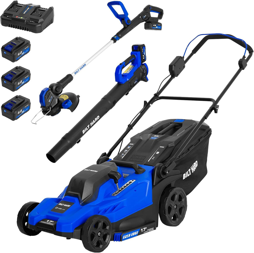 BILT HARD 40V 17" Brushless Cordless Lawn Mower, 2-in-1 12" String Trimmer & Edger and Leaf Blower Combo Set, Electric Battery Lawn Mower Set with 3 x 4.0Ah Batteries and Dual Charger