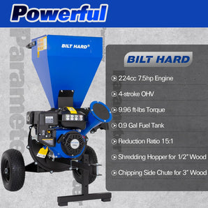 BILT HARD 224cc 7.5hp Gas Powered Wood Chipper with Tow Hitch