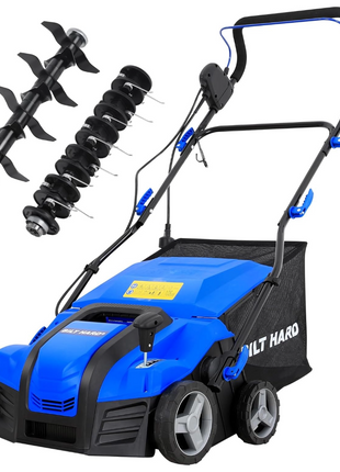 16-Inch Electric-Powered Dethatcher Scarifier with 15 Amp Copper Motor, 5-Position Depth Adjustment, 14.5 Gallon Thatch Bag. 2-in-1 Walk-Behind Thatch Removing Machine 