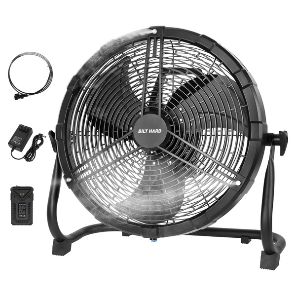 BILT HARD 16 Inch Outdoor Portable Misting Fan, Battery Operated Misting Fan with 15600mAh Detachable Battery & Misting Function, Outside Rechargeable Portable Floor Fan