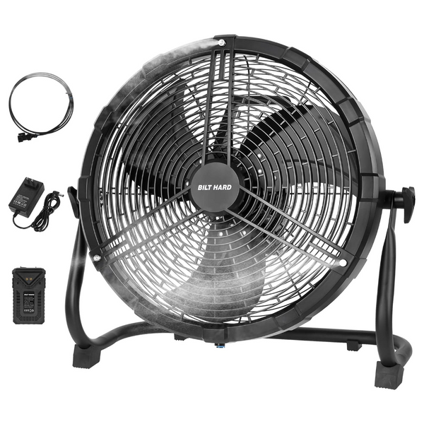 BILT HARD 12 Inch Battery Operated Outdoor Portable Misting Fan, Rechargeable Portable Floor Fan with 15600mAh Detachable Battery for Outside