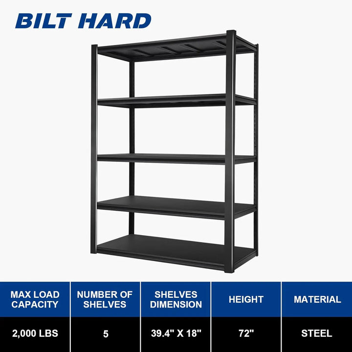 2000LBS Garage Shelving, 39.4" W x 18" D x 72" H, 5-Shelf Storage Shelves Heavy Duty, Industrial Metal Shelving Units with Adjustable Shelf, Steel Utility Shelves, Black 