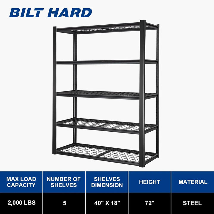 2000LBS Heavy Duty Garage Shelving, 40" W x 18" D x 72" H, Adjustable 5-Tier Storage Shelves, Industrial Metal Shelving Units, Steel Organizer Wire Rack, Black 