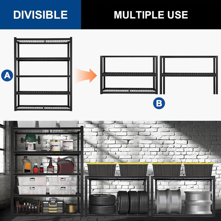 2000LBS Heavy Duty Garage Shelving, 40" W x 18" D x 72" H, Adjustable 5-Tier Storage Shelves, Industrial Metal Shelving Units, Steel Organizer Wire Rack, Black 