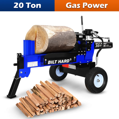 BILT HARD 20-Ton Gas Log Splitter, Hydraulic Wood Splitter with 7 HP 209cc OHV Engine, Towable Hitch, 13" Pneumatic Tires, 2 Stage Gear Pump, Steel Wedge, Firewood Splitting Machine