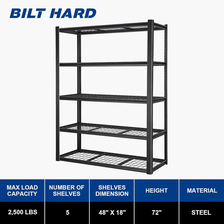 2500LBS 48" W x 18" D x 72" H Heavy Duty Garage Shelving, Adjustable 5-Tier Storage Shelves, Industrial Metal Shelving Units, Steel Organizer Wire Rack, Black 