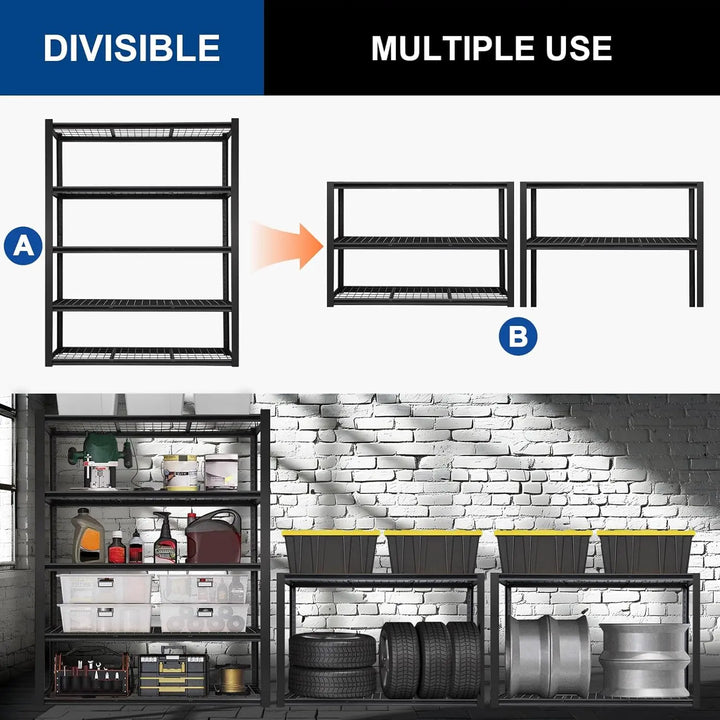 2500LBS 48" W x 18" D x 72" H Heavy Duty Garage Shelving, Adjustable 5-Tier Storage Shelves, Industrial Metal Shelving Units, Steel Organizer Wire Rack, Black 