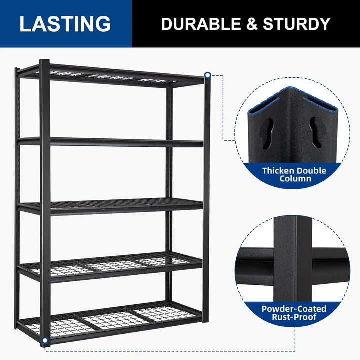 2500LBS 48" W x 18" D x 72" H Heavy Duty Garage Shelving, Adjustable 5-Tier Storage Shelves, Industrial Metal Shelving Units, Steel Organizer Wire Rack, Black 