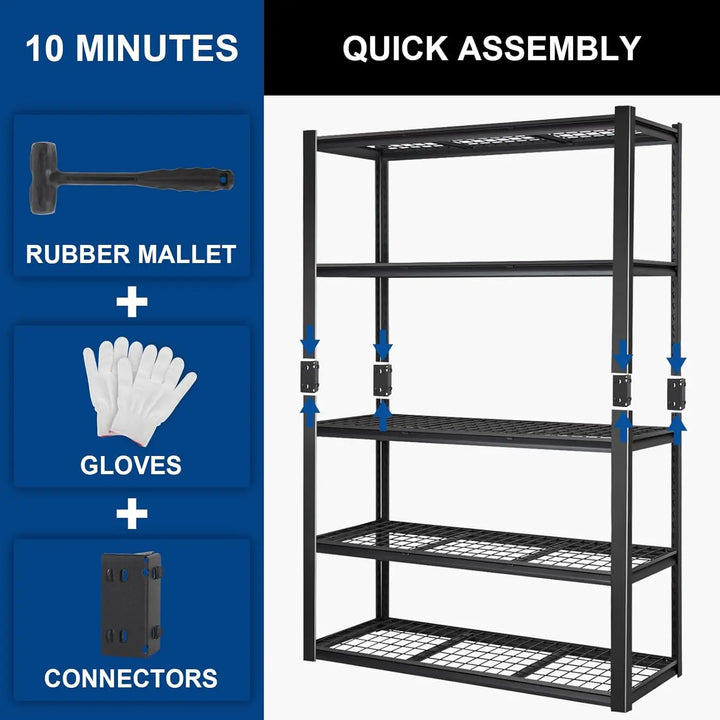 2500LBS 48" W x 18" D x 72" H Heavy Duty Garage Shelving, Adjustable 5-Tier Storage Shelves, Industrial Metal Shelving Units, Steel Organizer Wire Rack, Black 