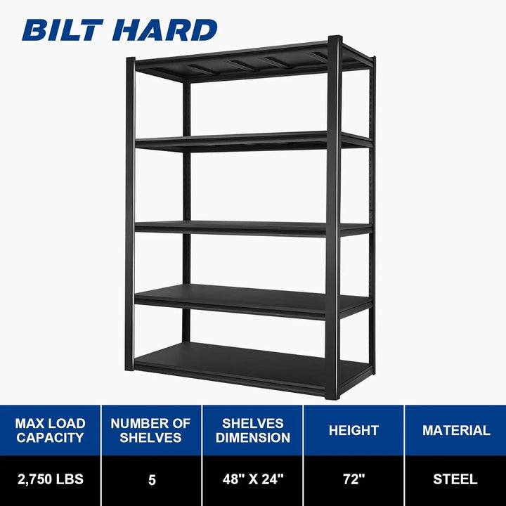 2750LBS 48" W x 24" D x 72" H Garage Shelving, 5-Shelf Industrial Storage Shelves Heavy Duty, Metal Shelving Units with Adjustable Shelf, Steel Utility Shelves, Black 